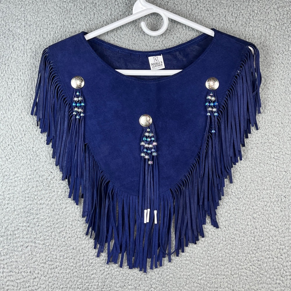 Double K Leather Blue Suede Fringe Poncho Bib Concho Beaded Western USA Made